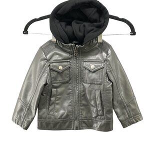Urban Republic Boys 18M Faux Leather Moto Jacket Gray Hooded Full Zip Flight